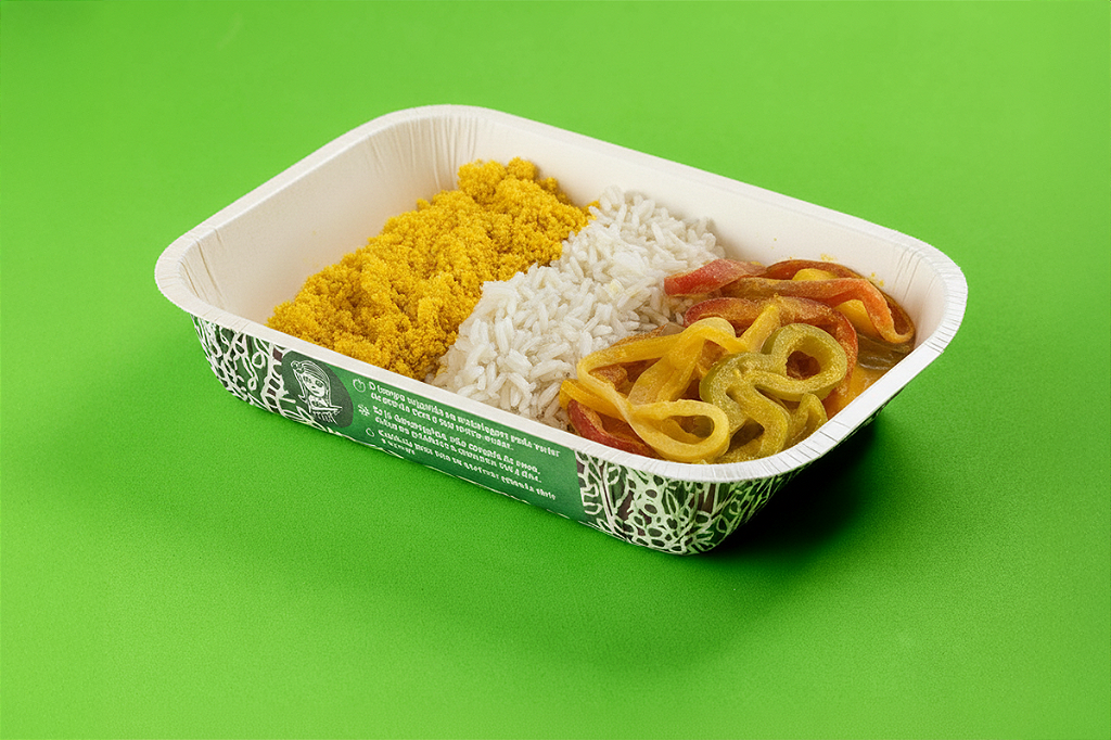 Moqueca de banana da terra com arroz branco e farofa de dendê 400g