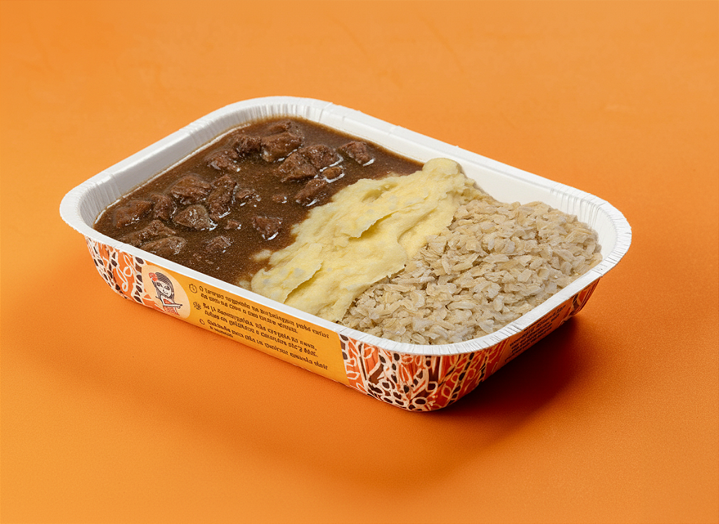 Picadinho de carne ao molho madeira, arroz integral e purê de batatas 400 g...