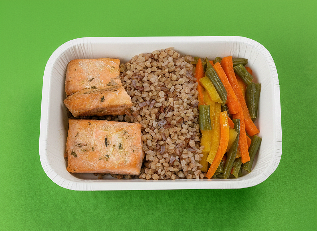 Salmão grelhado ao molho de ervas finas, arroz cateto vermelho e legumes no...